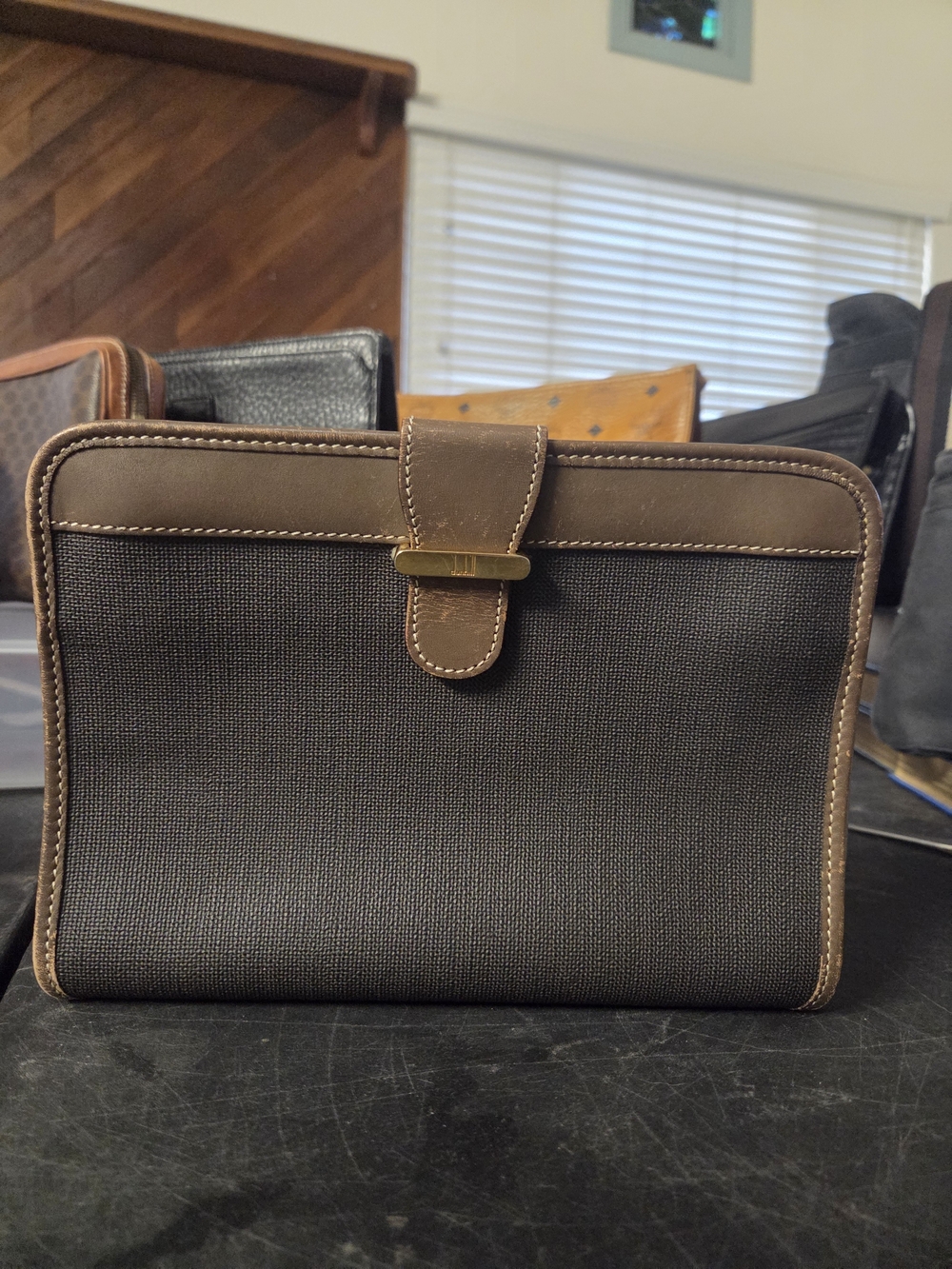 Dunhill Unisex Clutch Bag Canvas Leather Trim Gold Hardware Made In Italy